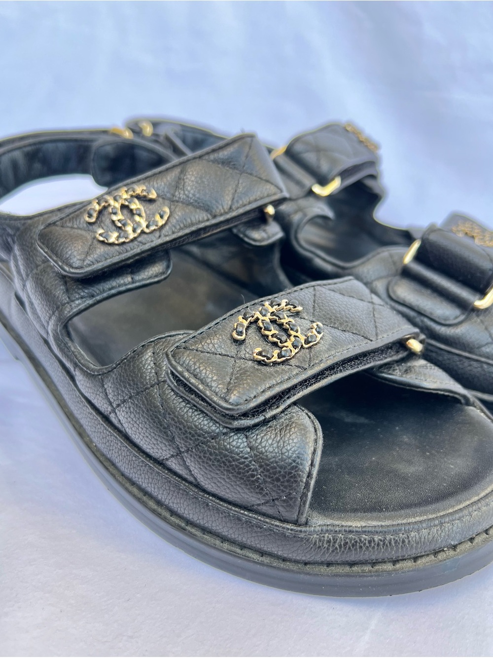 CHANEL Women's Black Leather Quilted Dad CC Slide Birkenstock Sandals Size 38 - Picture 9 of 12